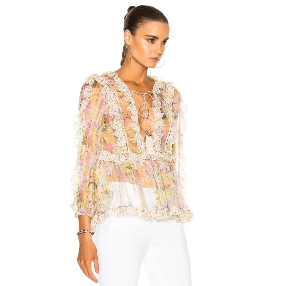 RARE! Zimmermann Valour Scallop Ruffle Blouse Floral Size AU 1 B81 - Picture 9 of 11